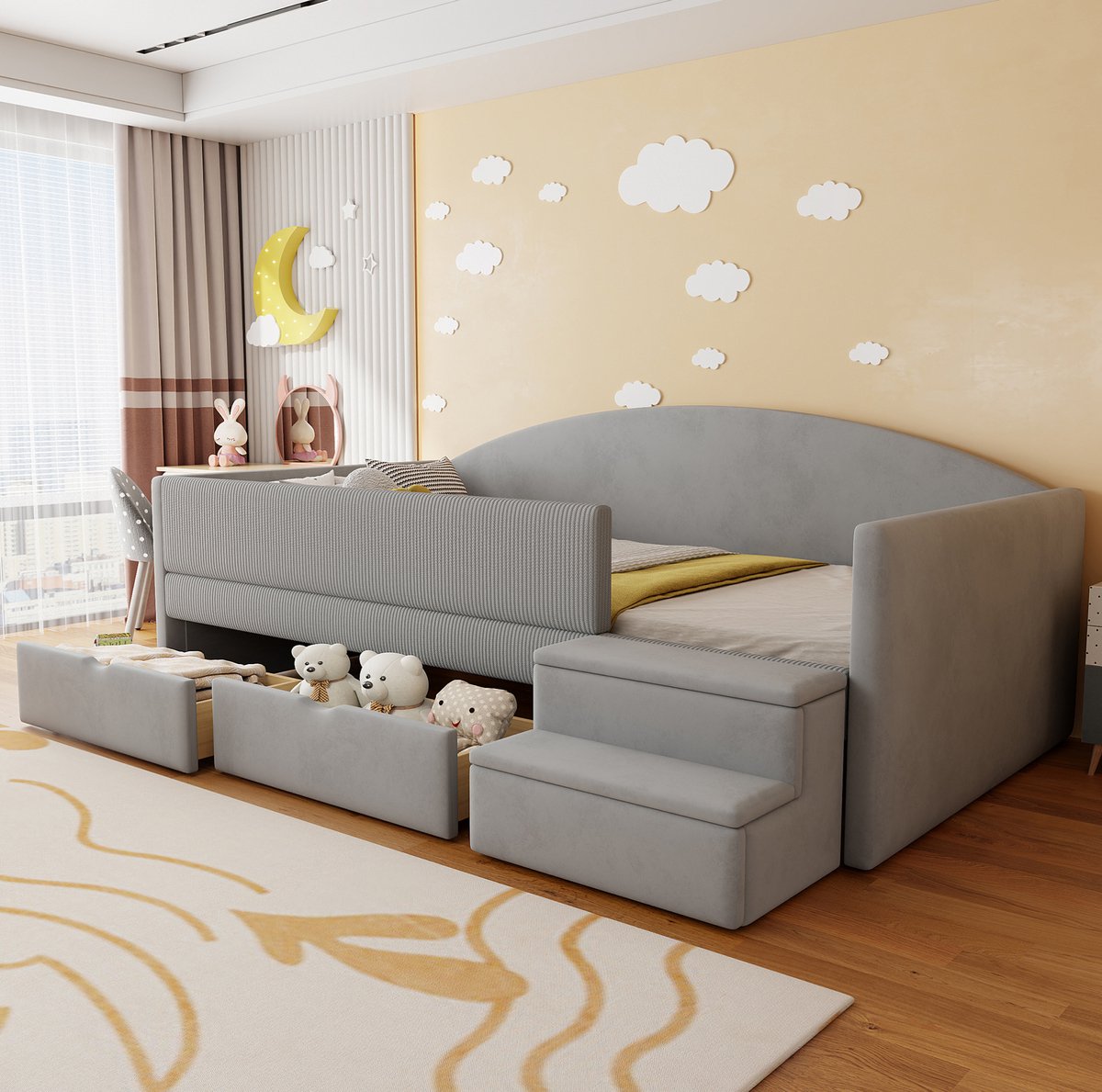 REDOM - Kinderbed - Veiligheidshekje en trap - Met twee lades en lattenbodem - Zachte fluwelen bekleding - Stof, metaal, MDF, hout - Lichtgrijs - 201 x 98,5 x 69,5 cm