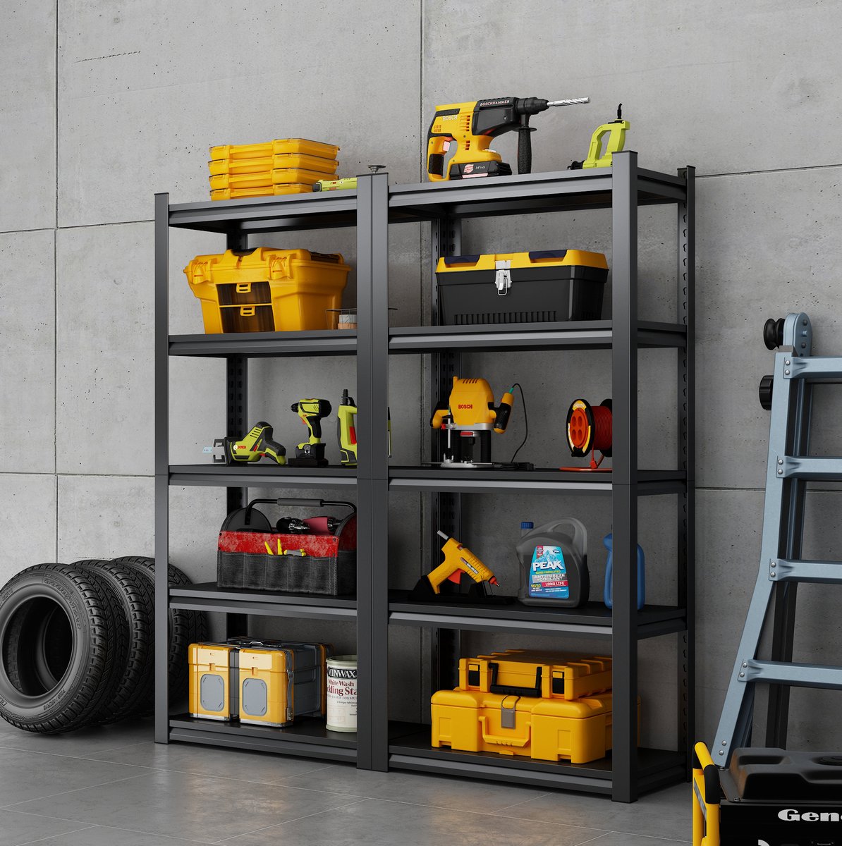 REDOM - Stellingkast berging - 5 etages - Verstelbare planken - Zonder deuren - Industrieel - Garage en berging - Staal - Zwart - 160 x 80 x 40 cm