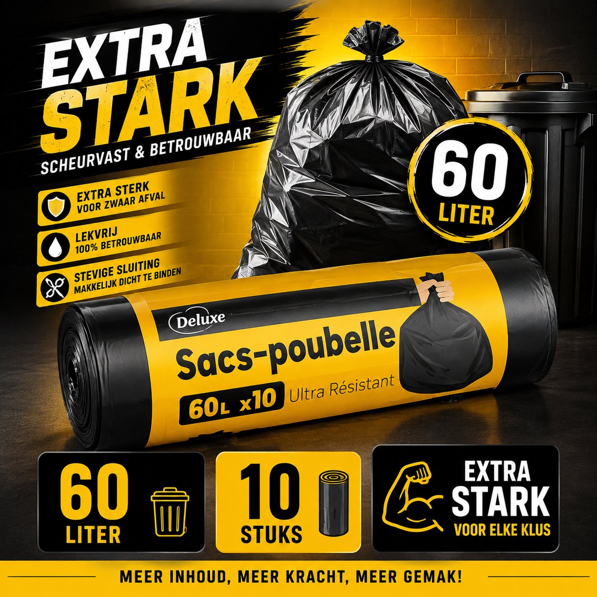 Deluxe Afvalzakken - 60 Liter - Extra Sterk - 10 Stuks - Zwart