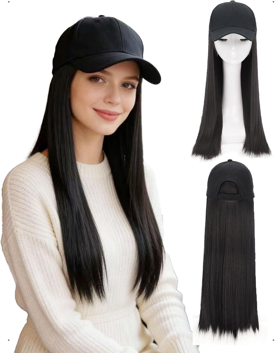 Wig met Baseball Cap - Lange Zwart Rechte Haar - Natuurlijke Look - Perfect voor Dagelijks Gebruik - ShopVlot