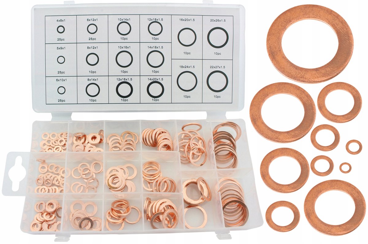 Set van 220 koperen ringen, diverse maten, voor professionele werkplaatsen
