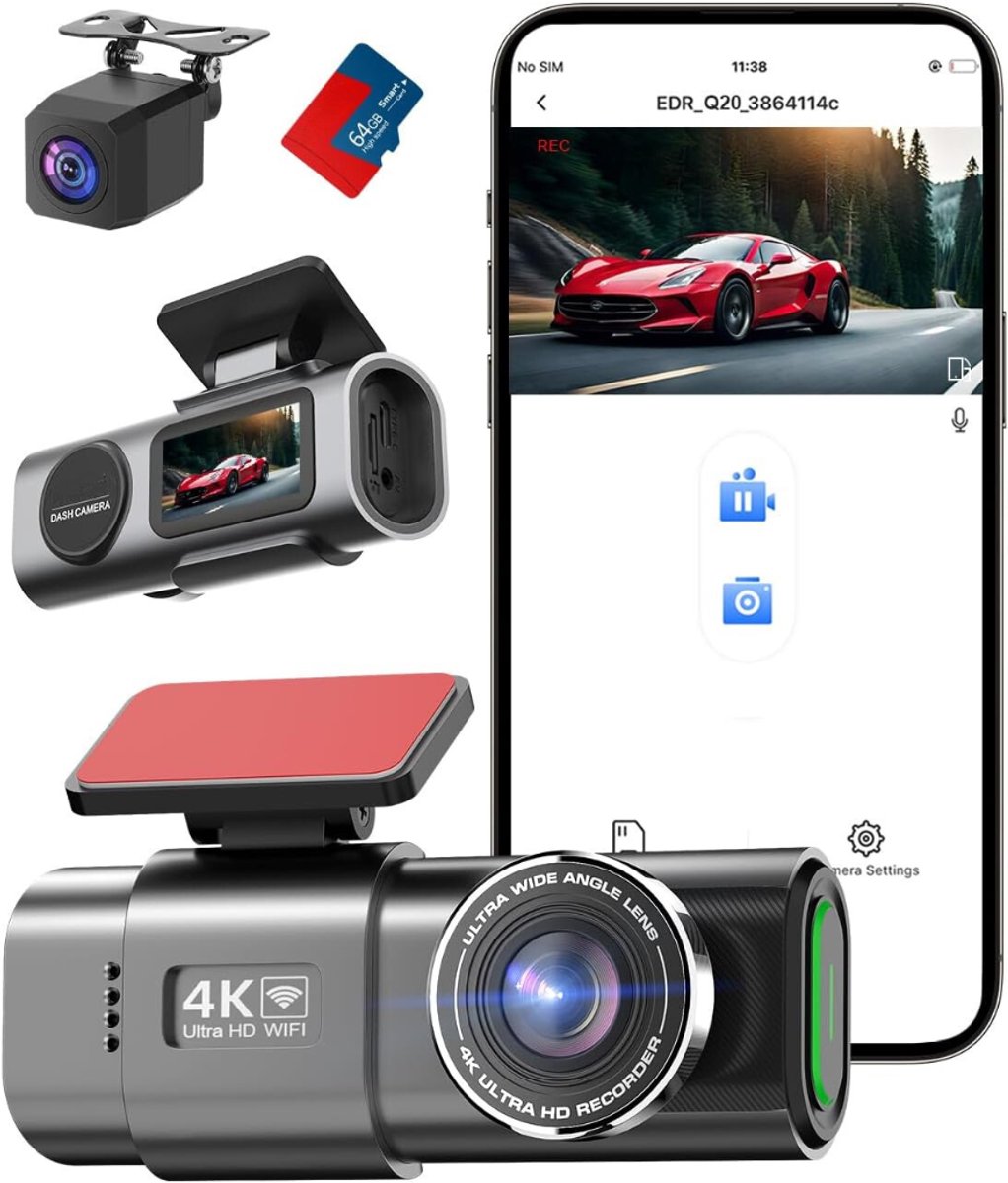 QUOVO® Selevie Dual Dashcam - Dashcam Voor Auto 4K + 1080p - Voor en Achter Camera – Auto Camera Met Parkeermodus - G-Sensor - App Bediening - Nachtzicht - Zwart - 4cm x 11cm x 4cm