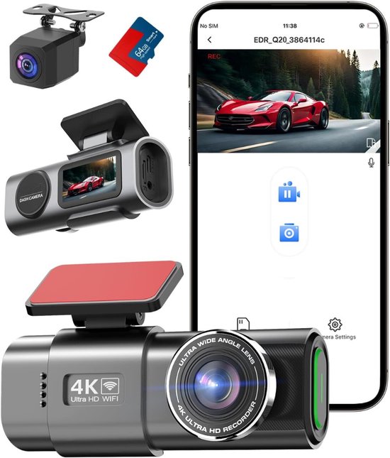 QUOVO® Selevie Dual Dashcam - Dashcam Voor Auto 4K + 1080p - Voor en Achter Camera – Auto Camera Met Parkeermodus - G-Sensor - App Bediening - Nachtzicht - Zwart - 4cm x 11cm x 4cm