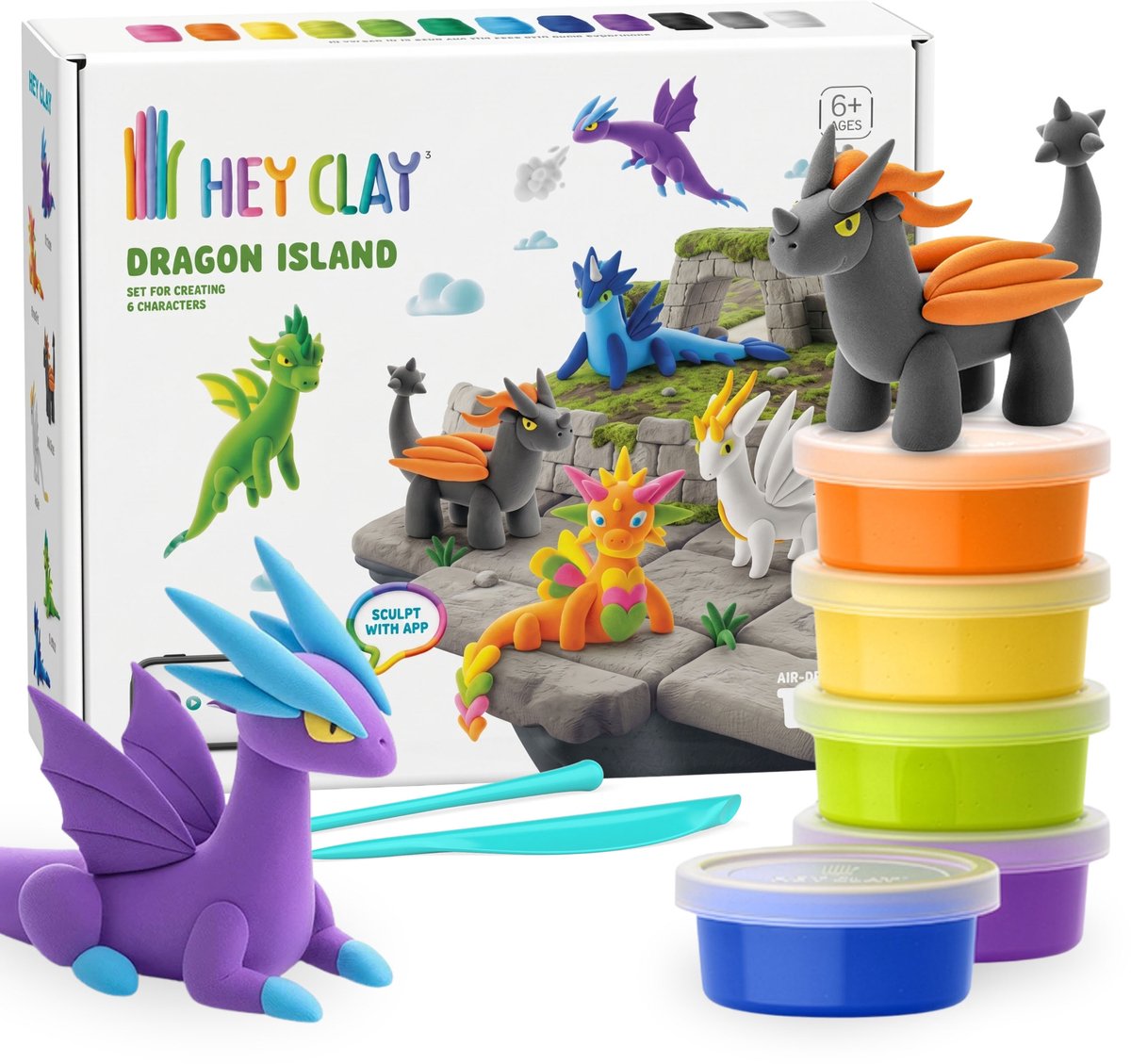 Hey Clay Draken Eiland Boetseerklei om mee te spelen + accessoires, klei, 15 kleuren