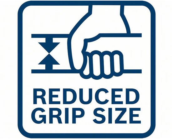 Symbool met hand die een kleiner object vasthoudt, met tekst 'REDUCED GRIP SIZE'.