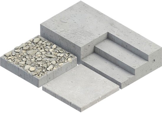 Betonnen elementen: tegel met kiezels, gladde tegel en trappen met waterdruppels.