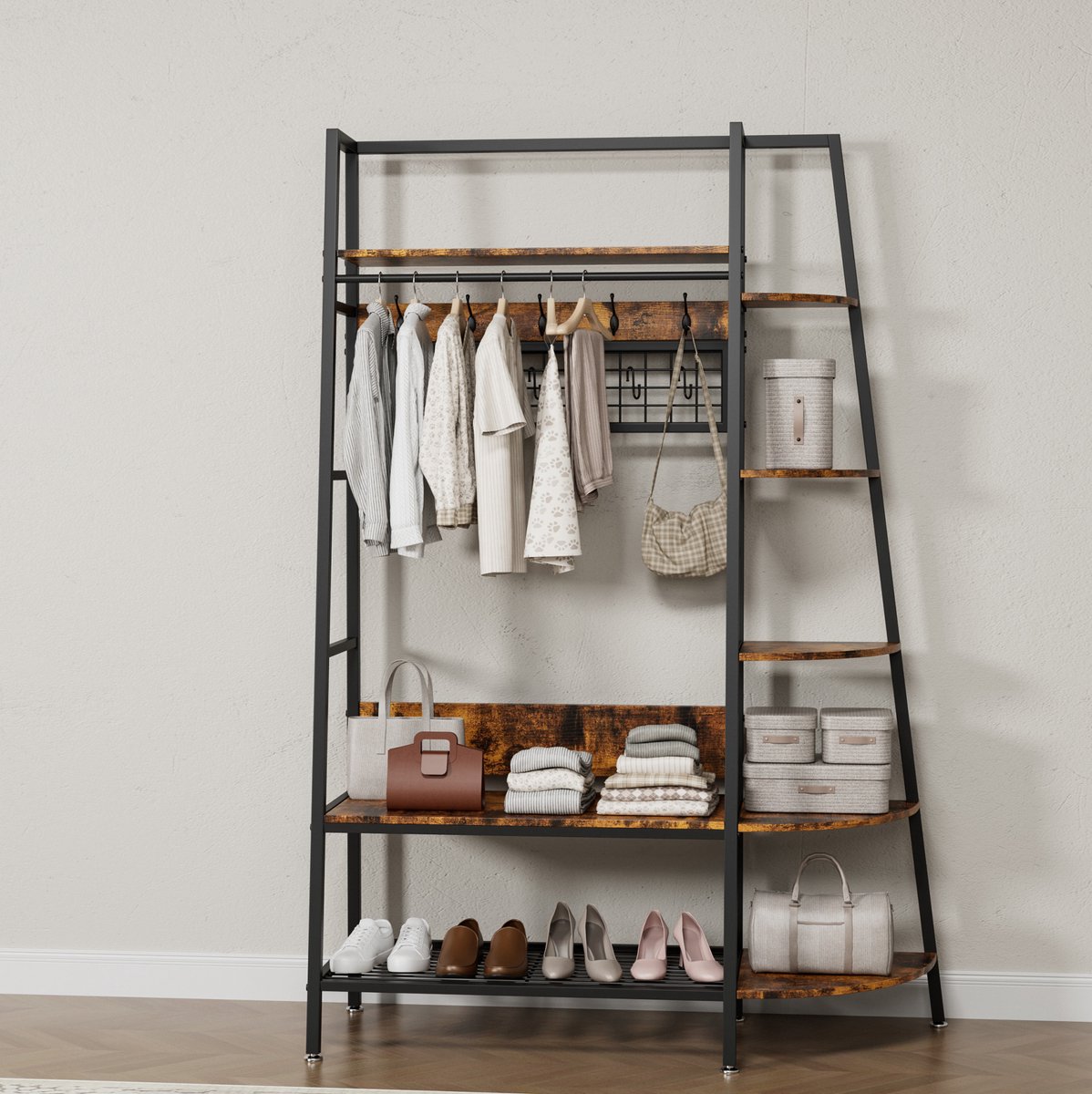 Wishdor Kledingrek - Staand industrieel opbergrek met planken en 1 hangstang - Metaal en houtlook - Zwart en bruin - Voor slaapkamer, woonkamer en kantoor - 101 x 40 x 183 cm