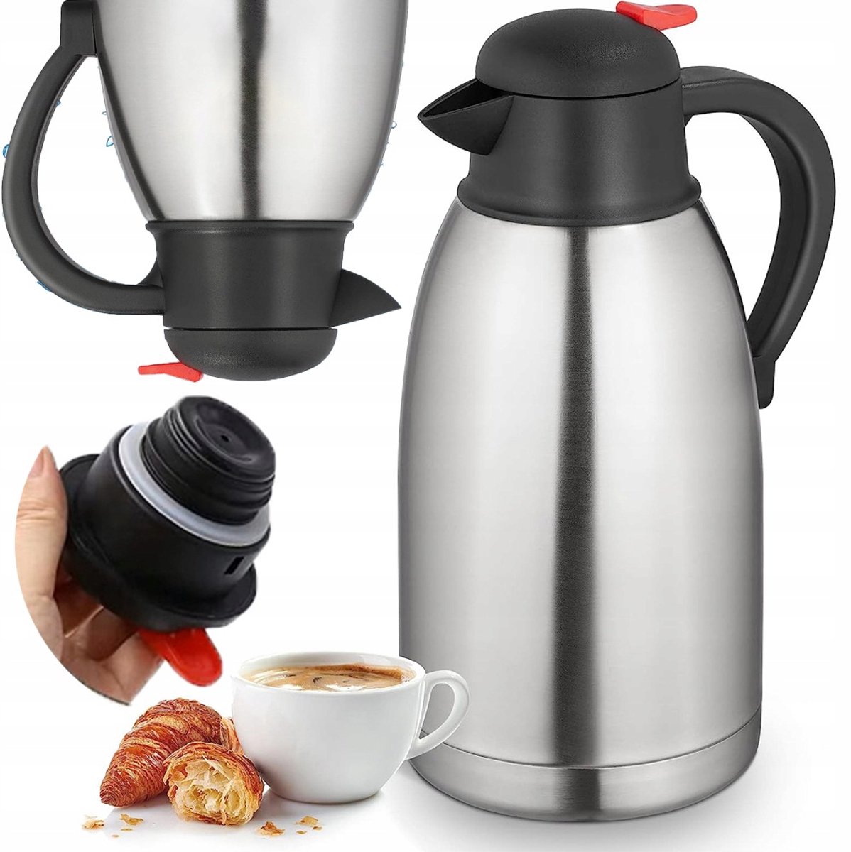 Thermoskan - Dubbelwandige Isoleerkan - Vacuümfles - 2L - 304 Roestvrij Staal - Eénhandige Dosering - Druppelvrije Tuit - Siliconen Afdichtring - Koffiekan - Voor Thuis & Kantoor & Camping - Zilver