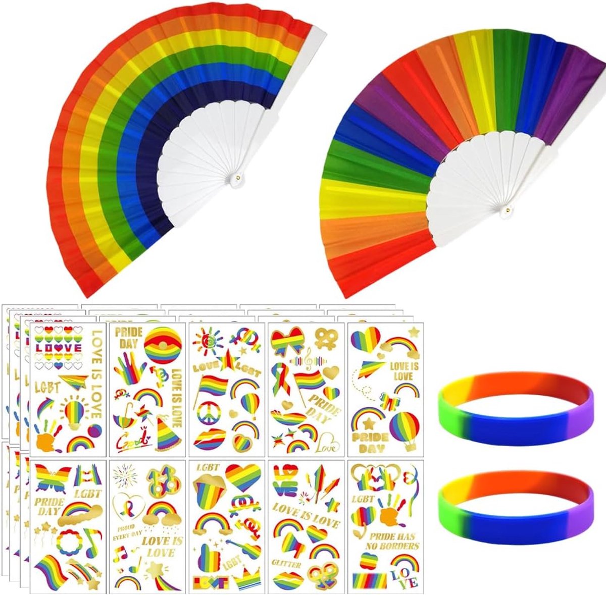 Complete regenboogdecoratieset voor zomerfeesten en trots, 2 decoratieve waaiers, 2 regenboogelastieken, 4 stickers, 1 - ShopVlot