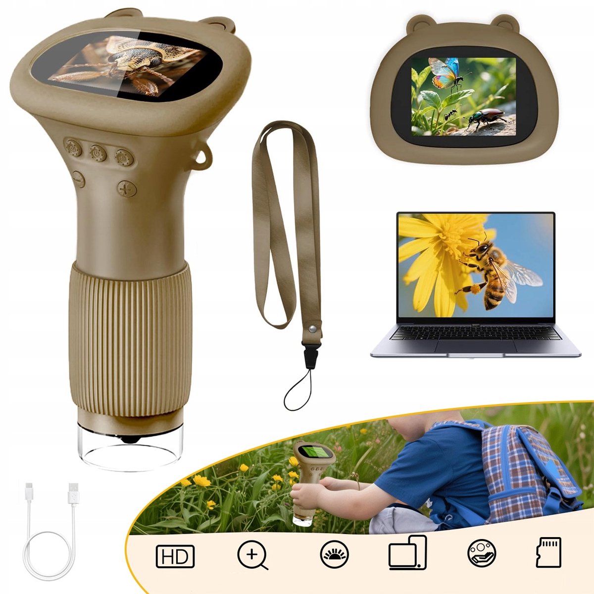 Draagbare Digitale Microscoop Met 1000x Vergroting - 2 Inch HD-Scherm 8 Verstelbare LED's Oplaadbaar via USB Ingebouwd Geheugen Voor 400 Foto's - Voor Kinderen Van 3-12 Jaar - Educatief Speelgoed Voor De Start Van Het Schooljaar - Bruin