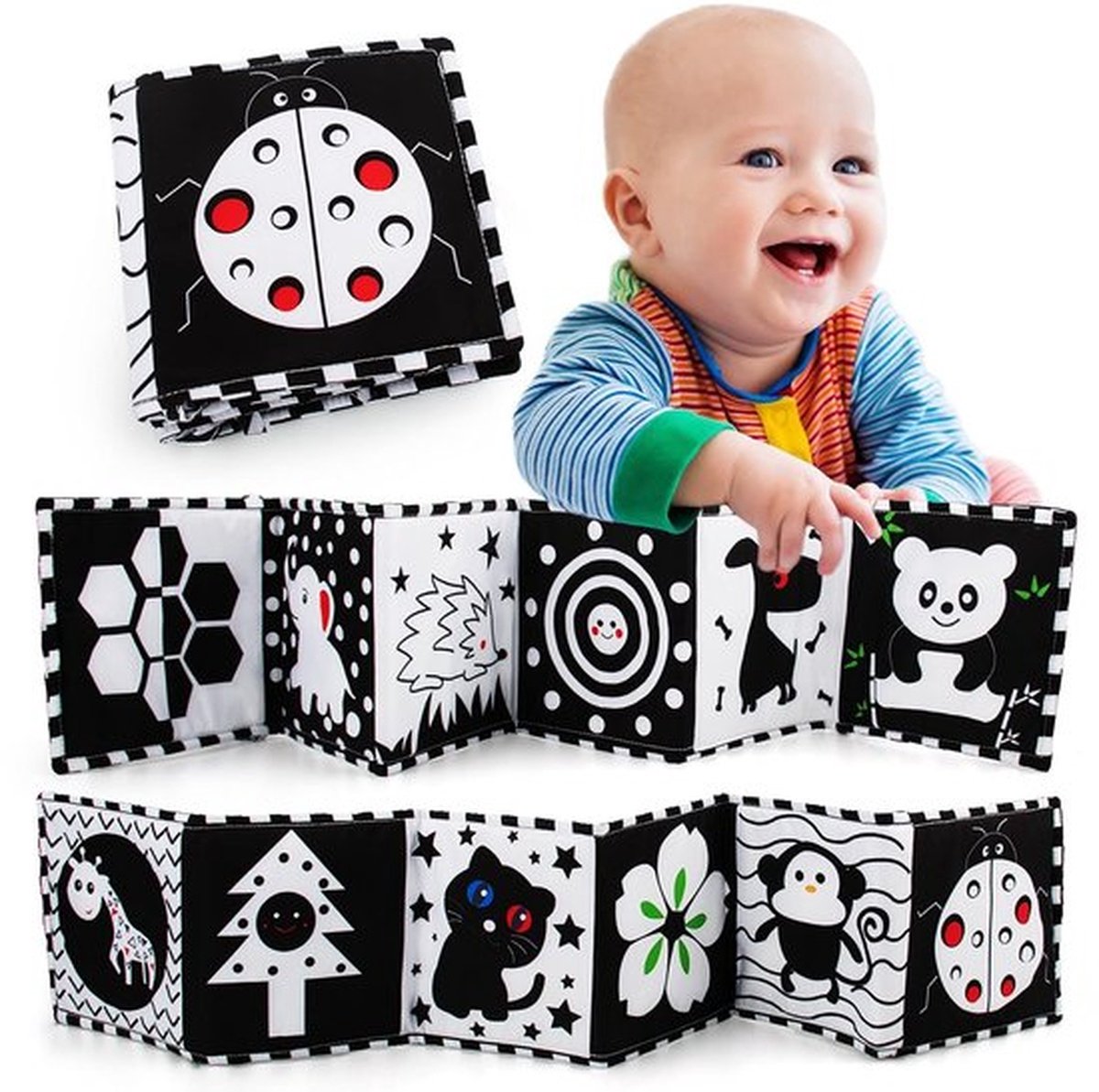 Babyboek - Zwart-wit stoffen boek - Prentenboek van stof - Zwart-wit dubbelzijdig stoffen babyboek - Babyspeelgoed 0-6 maanden - Speelgoed voor leren over waarneming - Cadeaus voor baby's - Alfabet & Transportstijl - Lieveheersbeestje