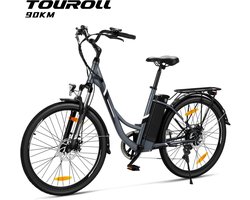 Touroll Bries 1 Pro-Breezi-Stapdoor-E‑Bike-Grijs‑26-Inch‑250W‑90km‑Bereik‑Shimano‑7‑versnellingen‑Schijfremmen‑IPX4