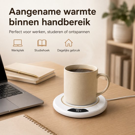 Mok Warmer USB - Koffiekop Verwarmer voor Koffie en Thee - Elektrische Warmhoudplaat met 3 Temperatuurstanden - Beker Warmer voor Bureau en Thuis - Compacte Warmhoudonderzetter Ø11,2 cm - Wit — afbeelding 5
