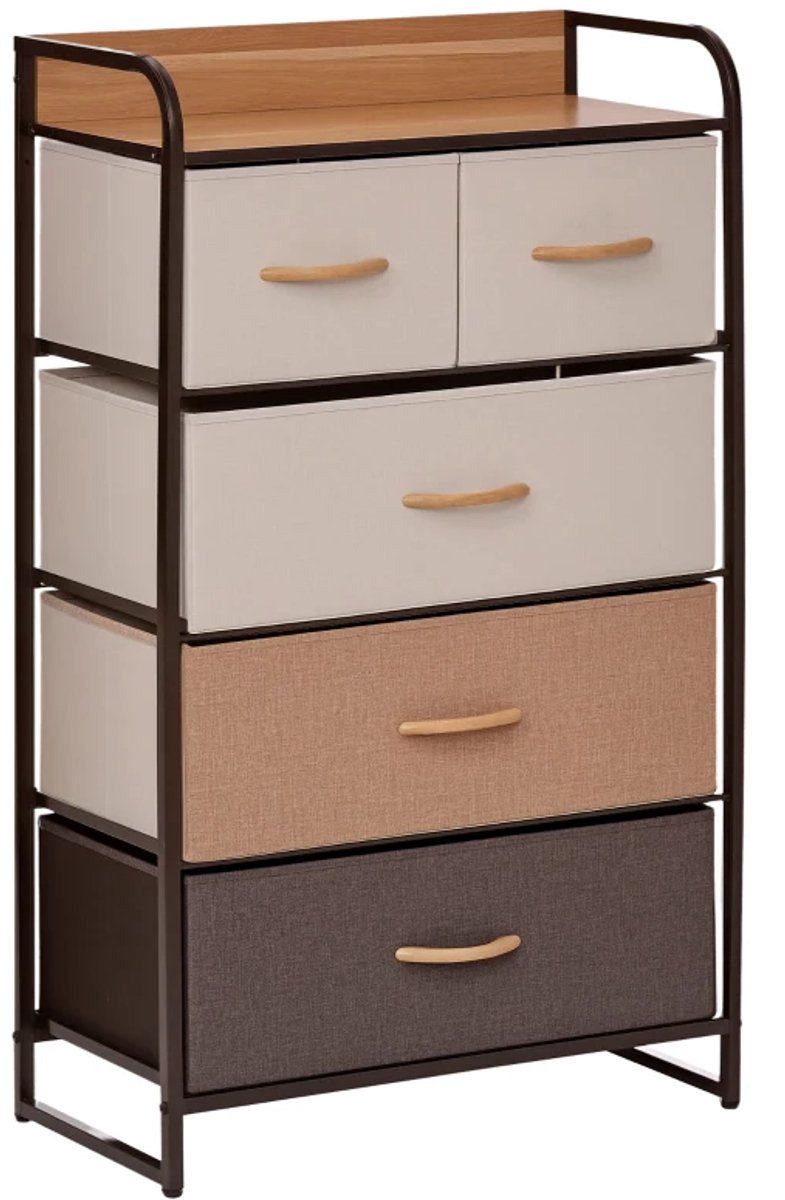 Dressoir - Ladekast met 5 opvouwbare stoffen lades - Plank - Stevig stalen frame - 58 x 29 x 99 cm