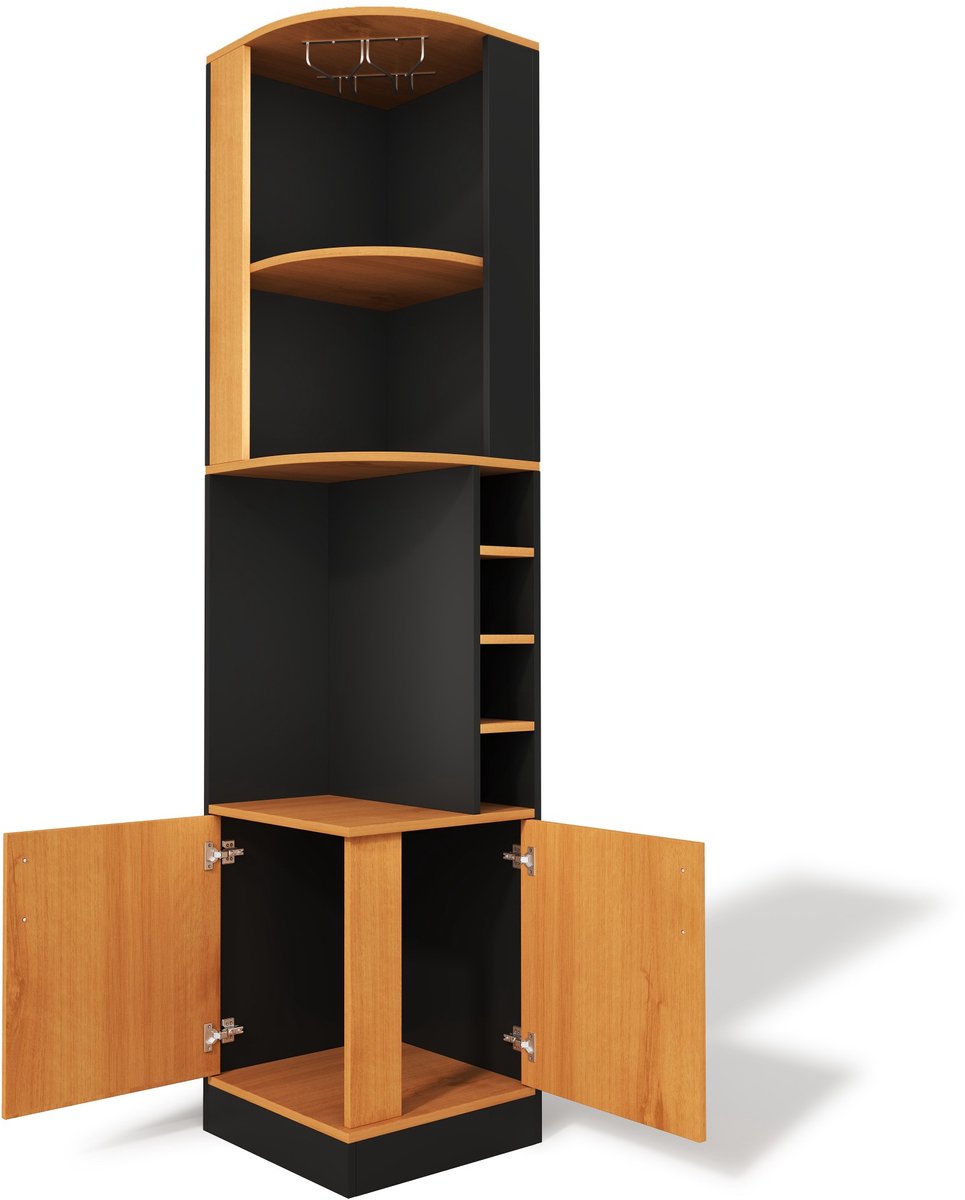 Ropilly Hoek Wijnkast - Hoge Barkast - Met Glazenhouder - Wijnvakken En Deuren - Vrijstaand – Woonkamer En Keuken – 40x40x182cm - MDF Hout Zwart