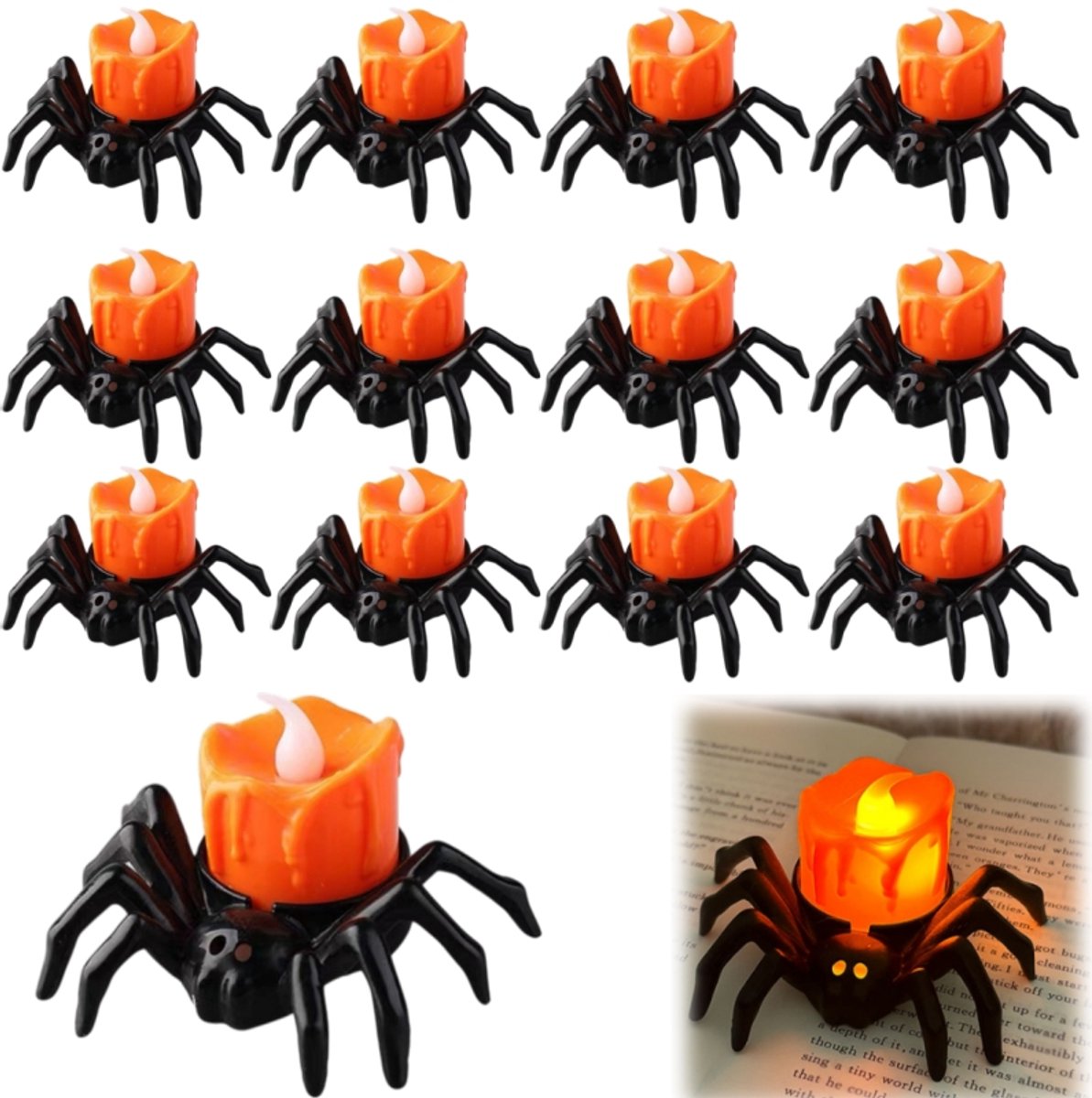 12 stuks-Halloween Spinnenkaars - LED-kaars - Halloween decoratie - Werkt op batterijen - Tafeldecoratie - Geschikt voor thuis - Eetkamer - Halloween feestdecoratie - Zwart - 8,5*7*5 cm