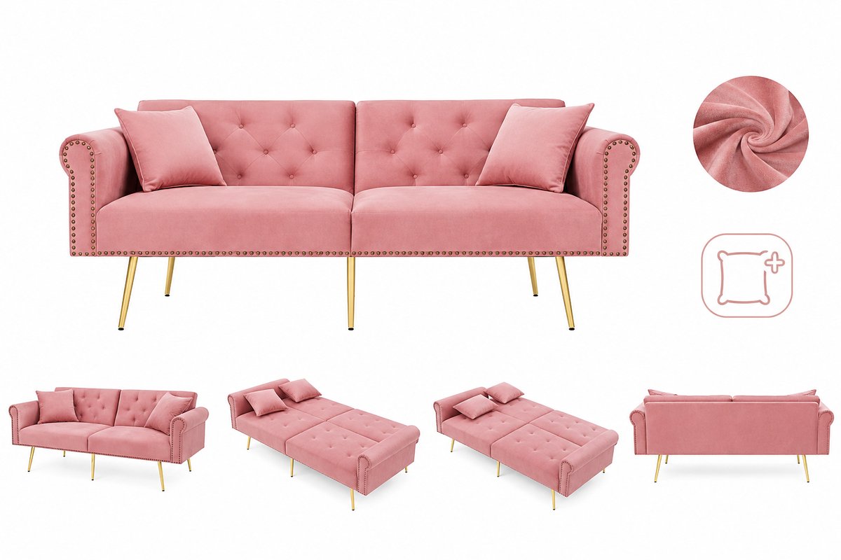 Jurrys Bank - Slaapbank - Zitbank - 2-zits - Verstelbare rugleuning - Inclusief 2 kussens - Voor woonkamer - Fluweel - 173x75x70 cm - Roze