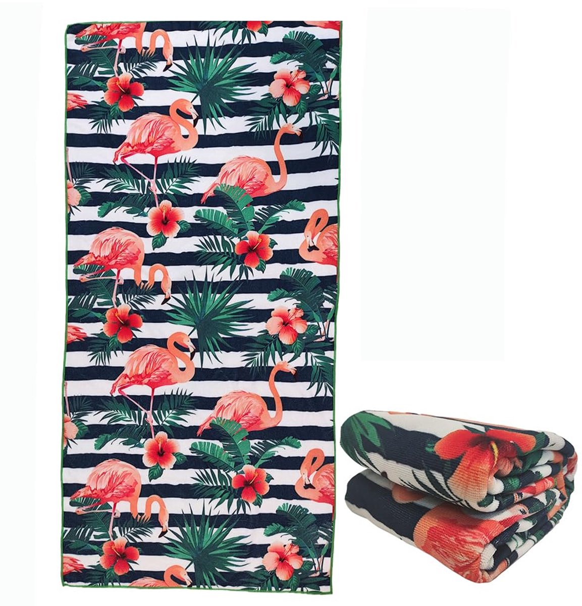 stampringt Extra Grote Leuke Zwart-Wit Streep Flamingo Strandlakens voor Volwassene, Grote Oversized Dikke Microfiber - ShopVlot