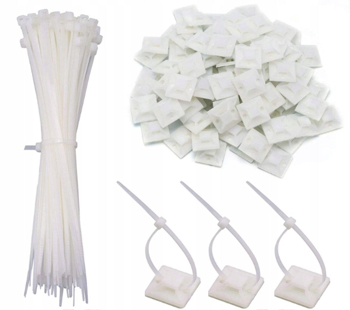 100x vaste kabelclips 25x25mm + 100x kabelbinders wit