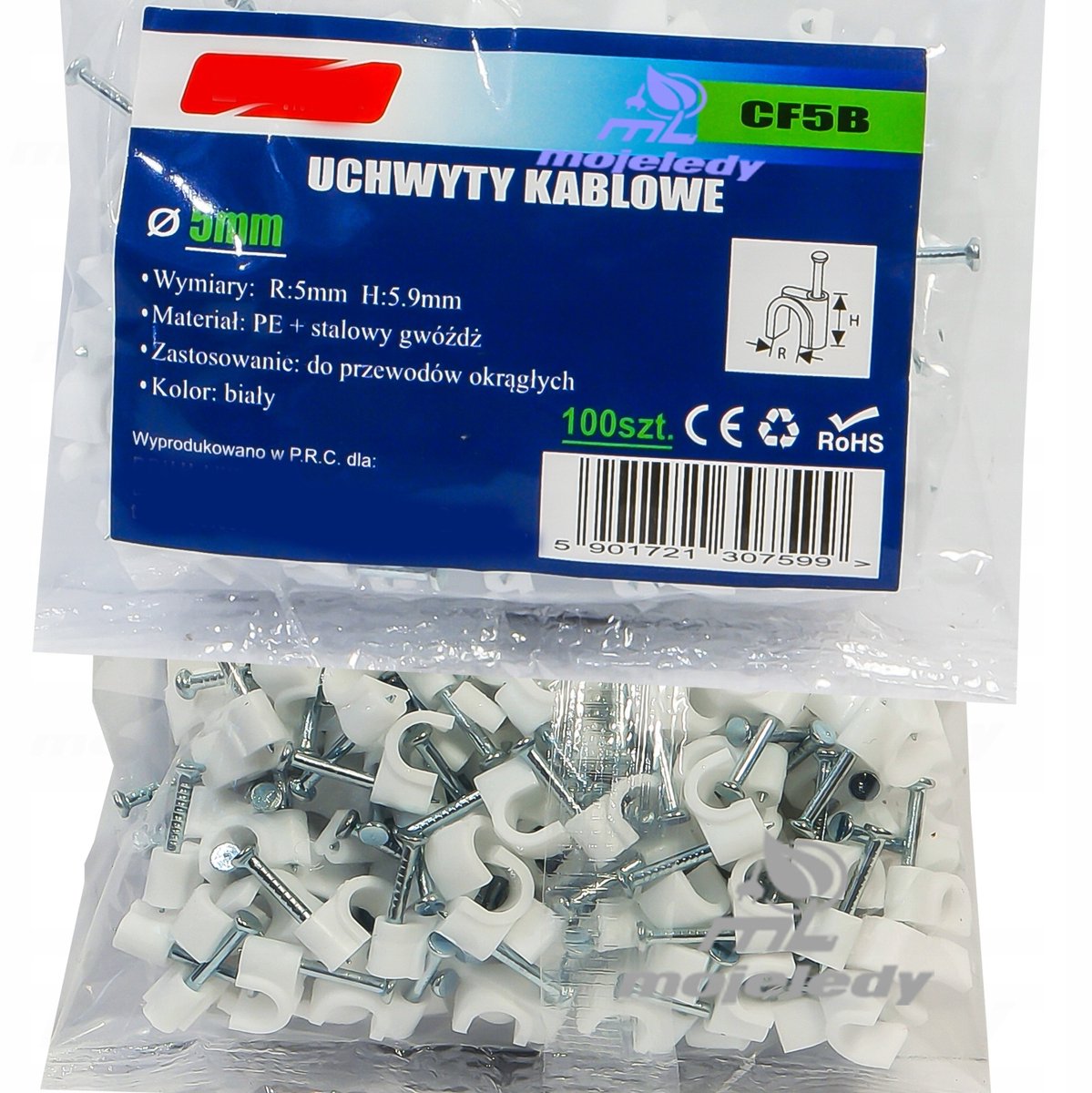 Witte Ronde Kabelklem met Nagel - 5.5x5.9mm - 100 Stuks