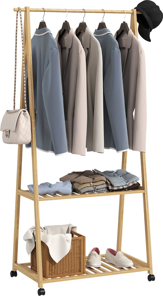 TEKROA® Bamboe kledingrek - met planken en haken - natuurlijke afwerking - 158H x 84.5W x 43.5Dcm