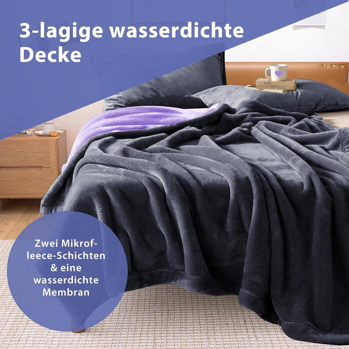 Waterdichte Dekens 200 x 150 cm - Wasbare Grijs en Paars - Omkeerbaar en Lekvrij - Perfect voor Koppels en Intimiteit