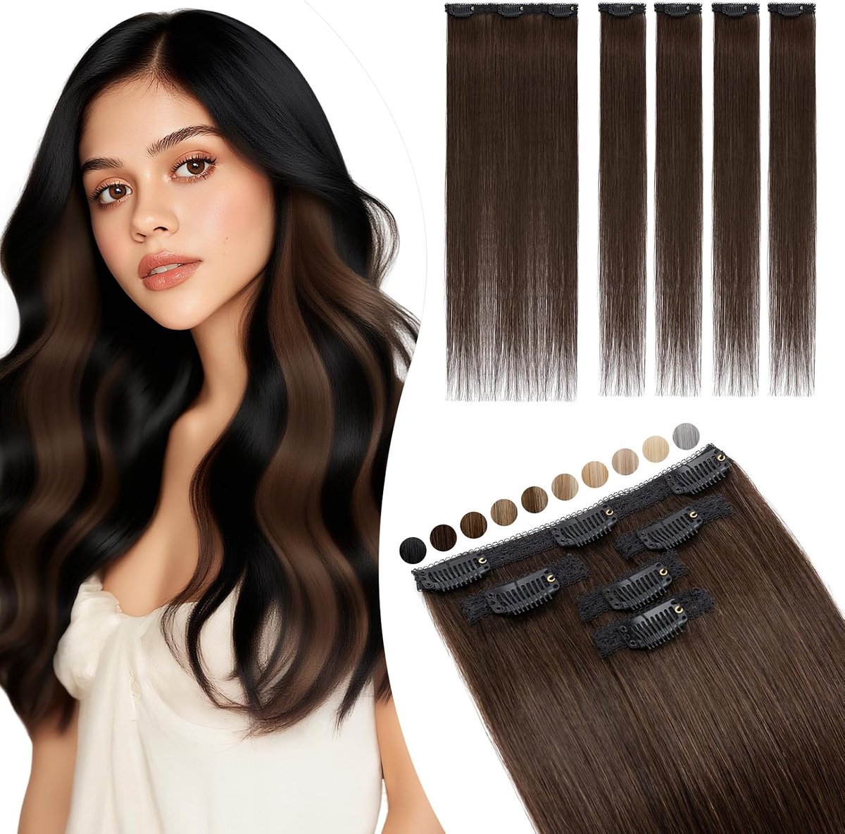 Elailite Echthaar Extensions Clip Silk Lace in Tressen 5Stücke Haarverlängering Haardelen Onzichtbaar 38g 30cm voor - ShopVlot