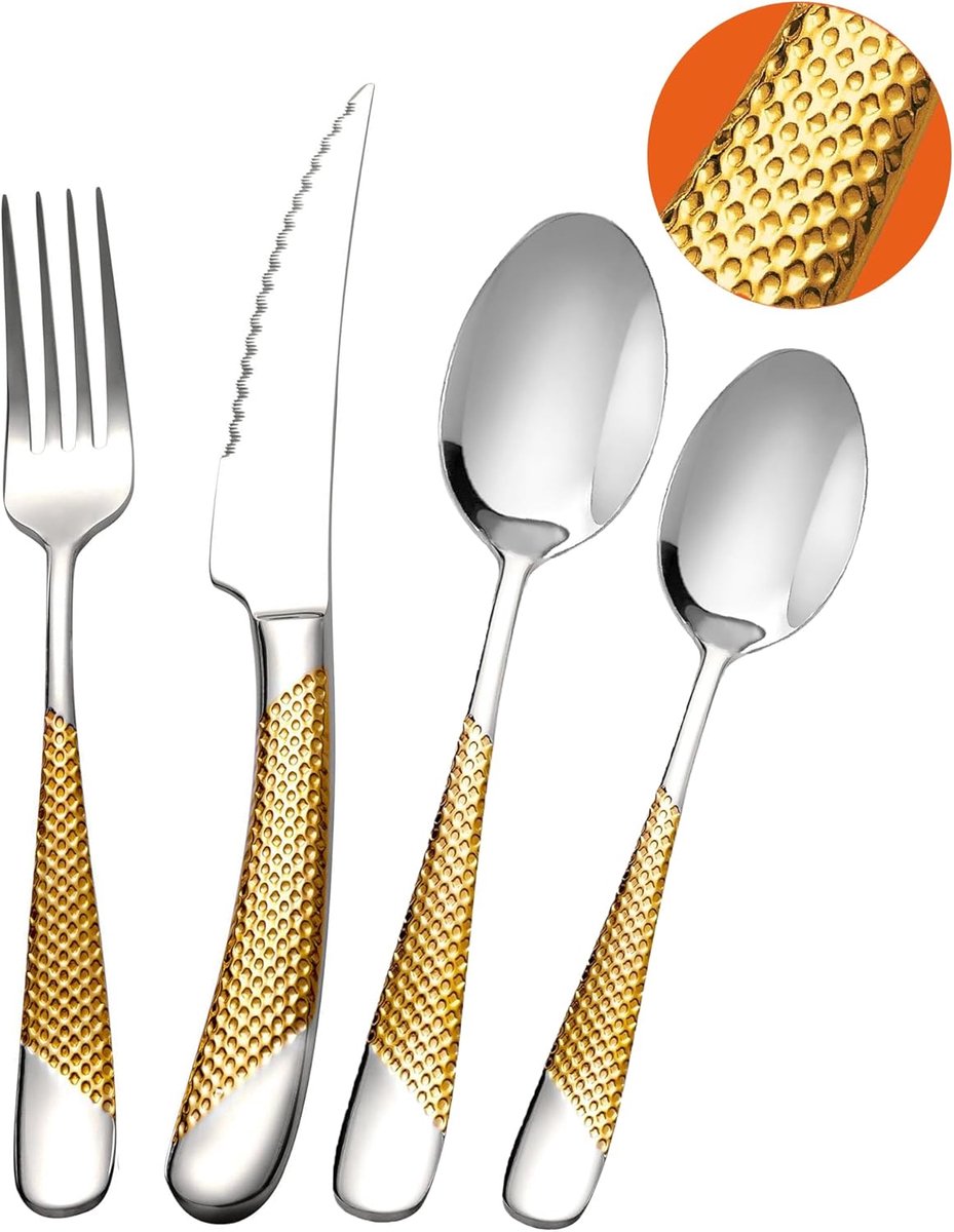 Bestekset 24-delig - Moderne Hammered Design - Goud en Zilver - Ultra-scherpe 2-in-1 Messenset