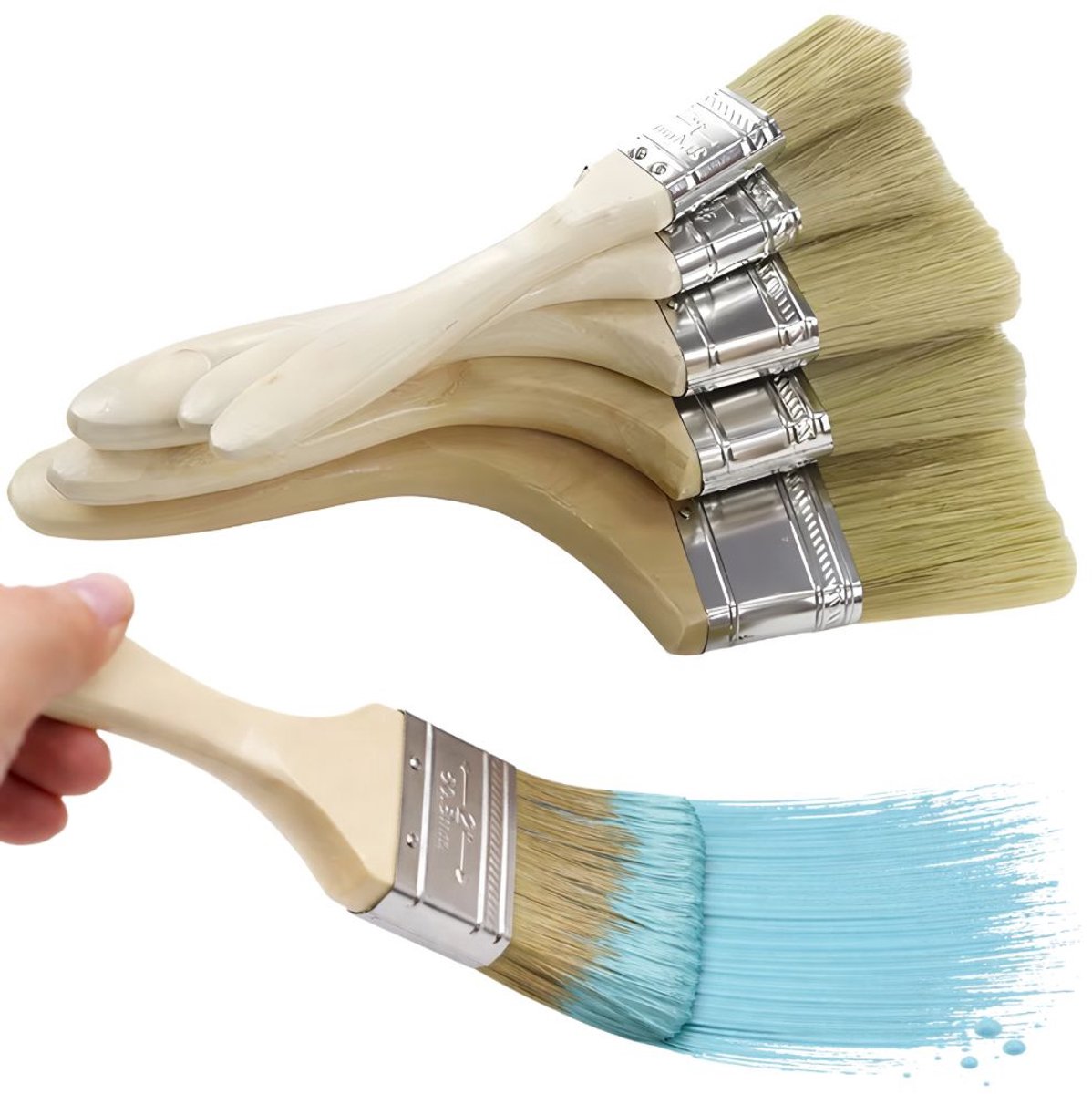 Platte Kwastenset 5 Stuks – Verfkwasten 25/35/45/55/65 mm – Synthetische Haren – Voor Muurverf, Acrylverf, Lak & Watergedragen Verf – Houten Handvat