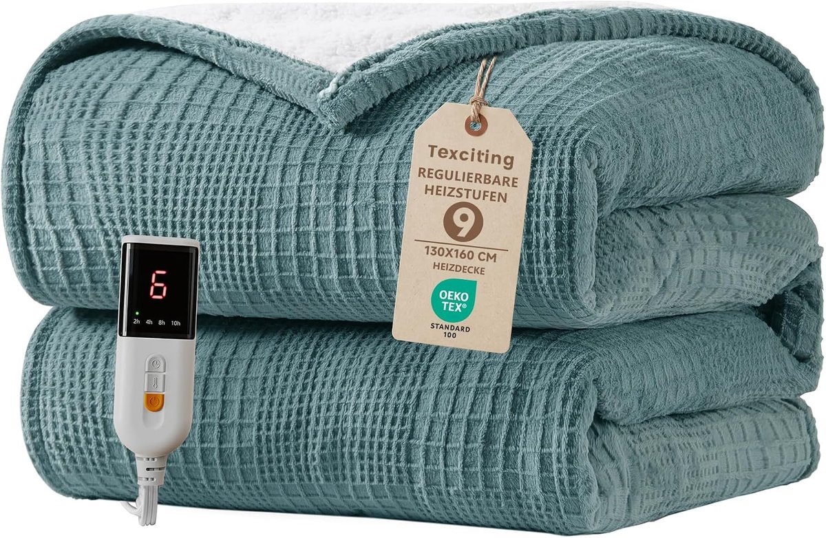 Elektrische deken – warmtedeken – 130 x 180 cm – 9 warmtestanden – 2-10 uur automatische uitschakeling – digitale bediening – oververhittingsbeveiliging – machinewasbaar – groen