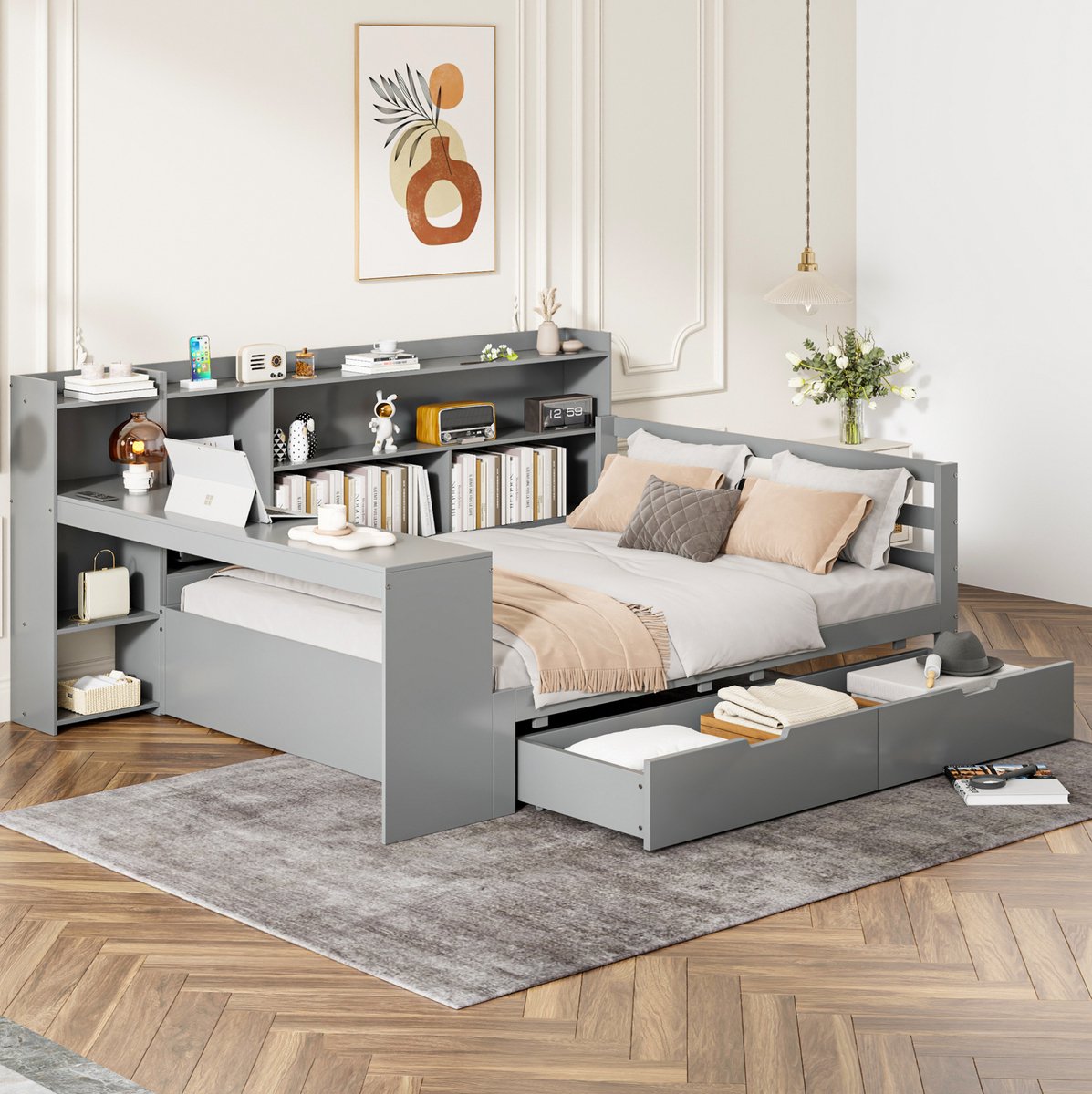 MODENUIT Slaapbank 140 x 200 cm - Met Bureau, Boekenkast En Opbergruimte - Tweepersoons - Hout - Grijs
