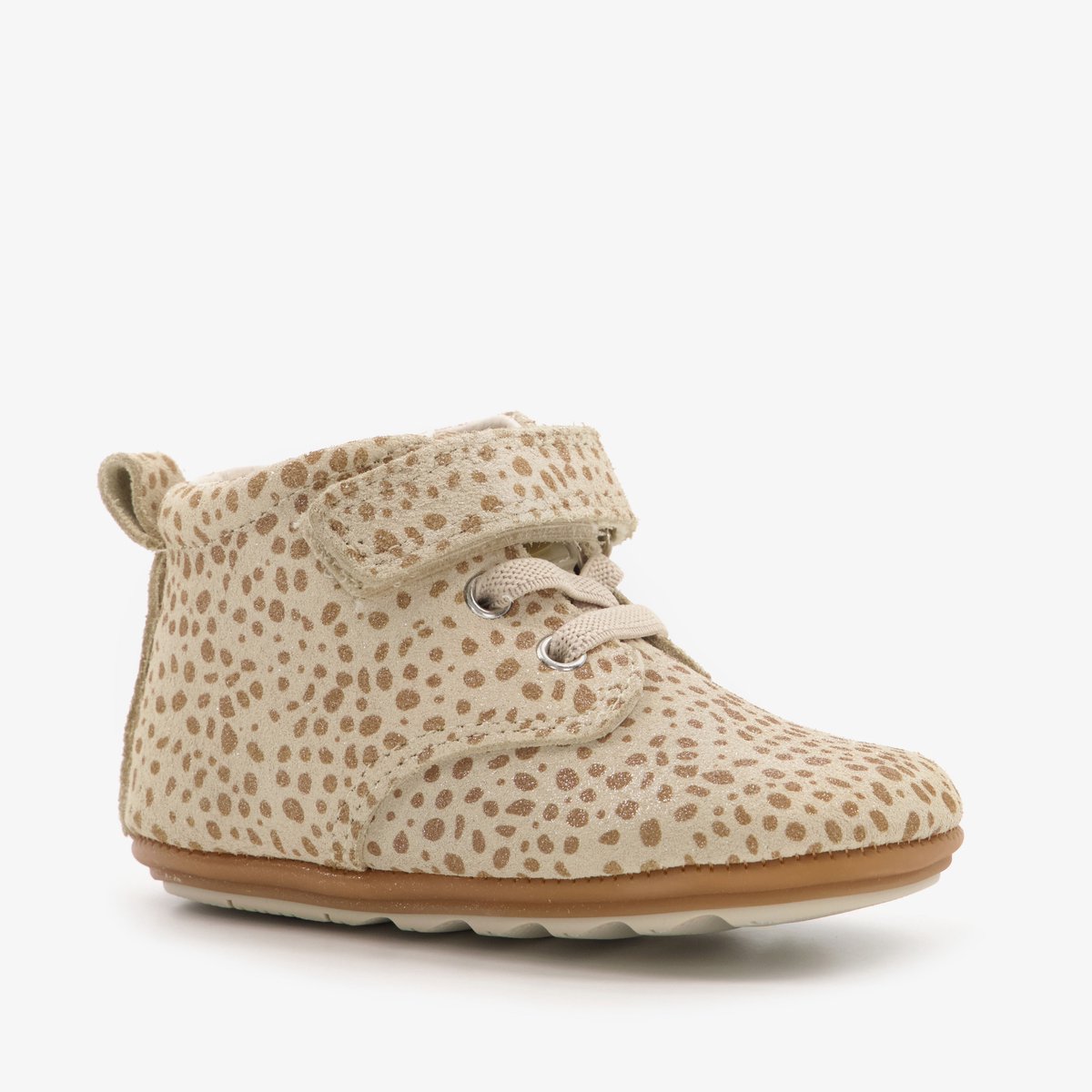 Groot leren babyschoenen beige met stippenprint - Maat 19 - Uitneembare zool - In cadeauverpakking