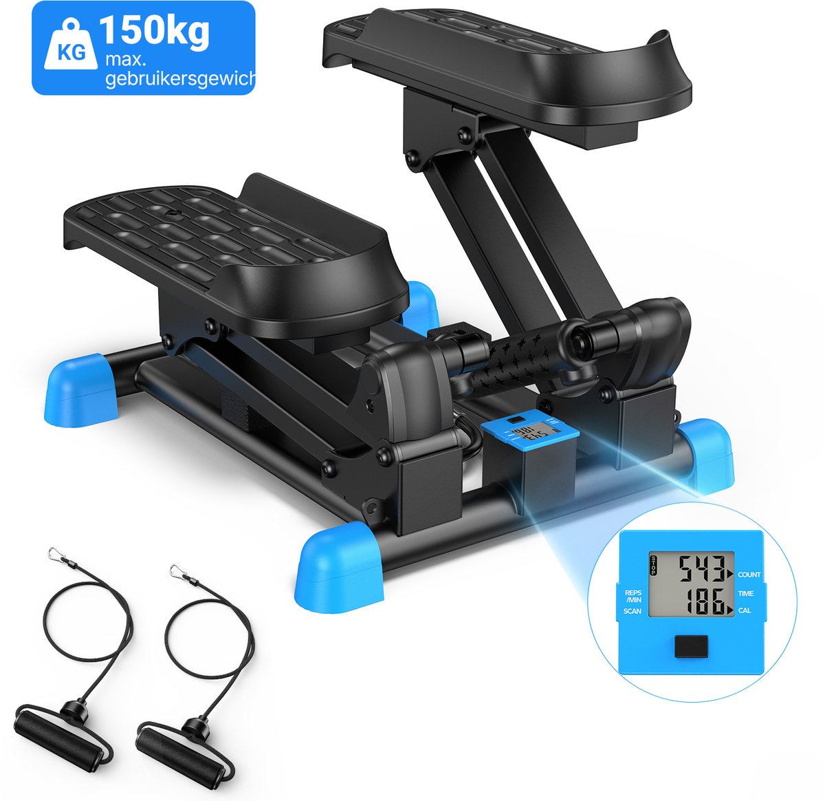MERACH 3-in-1 Mini Stepper met Weerstandsbanden - Hydraulische Trappenklimmer voor Thuis - Max 150 kg Belastbaar - Stiltraining & LCD-Display - Zwart/Blauw