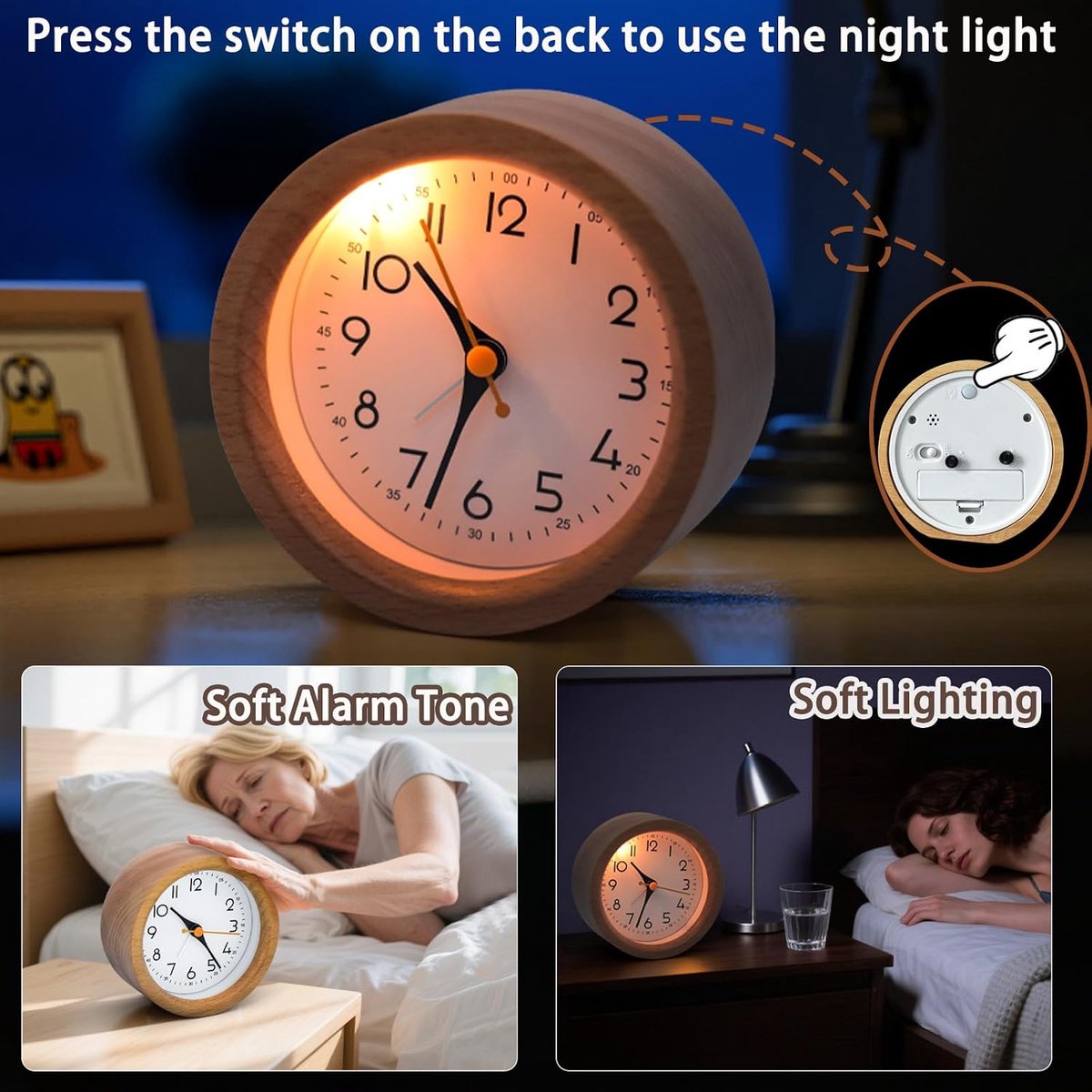 Stille analoge houten wekker 4 inch / 10cm, natuurhout met zacht nachtlampje, batterijgevoed zonder tikgeluid, minimalistische tafelklok, nachtkastjeklok voor slaapkamer, woonkamer, thuis‑ en kantoordecoratie