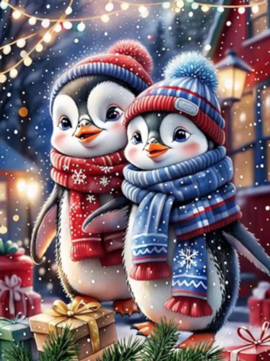 Diamond painting kerst cadeau pinguins 30x40cm ronde steentjes