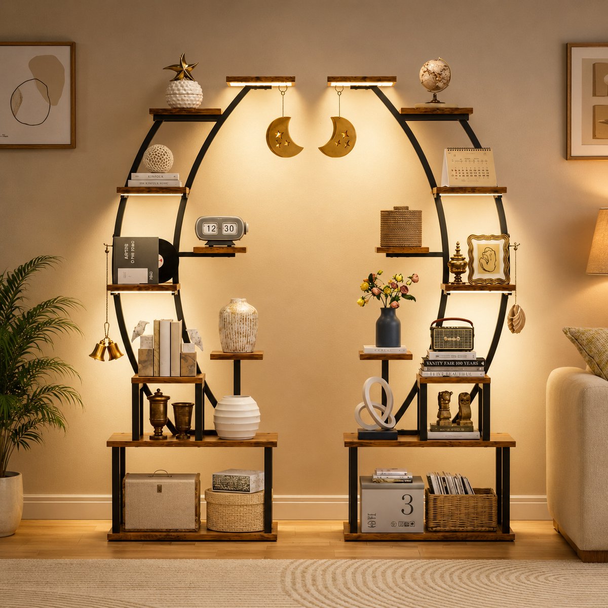 Boekenkast met LED-verlichting 160 cm, vrijstaand metalen boekenrek met 9 plateaus, bruin en zwart, voor woonkamer, slaapkamer en studeerkamer