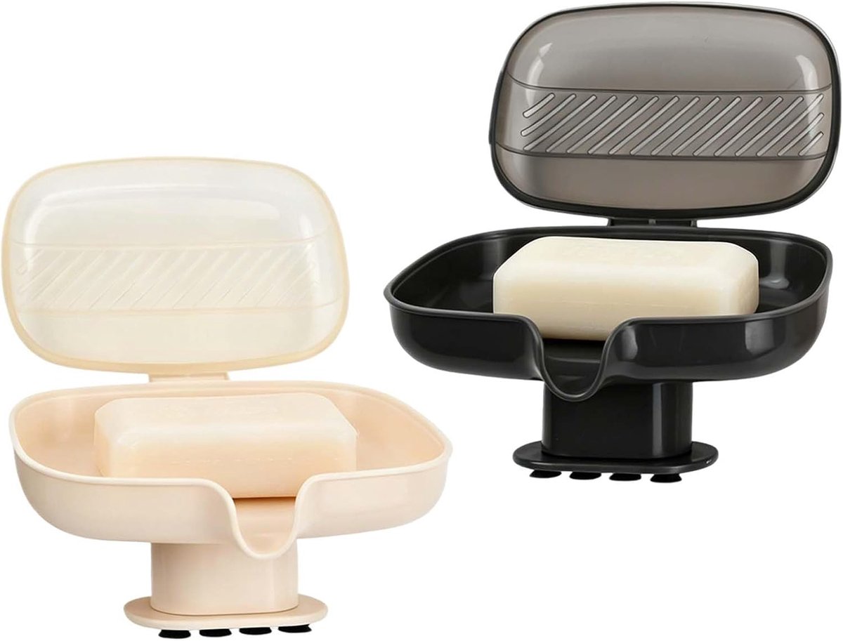 Set van 2 zeepbakjes met zuignap, douche met deksel, wandzeepbakje, schuin, afvoer, sponshouder, gootsteen, keuken - ShopVlot