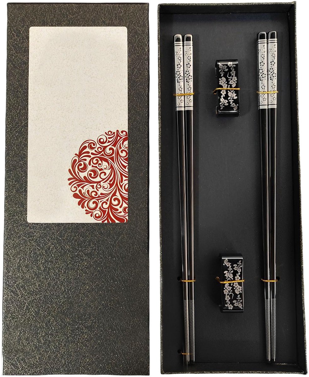 Guador Eetstokjes van roestvrij staal, 2 paar, vaatwasmachinebestendig, met houder, chopsticks, eetstokjes voor het - ShopVlot