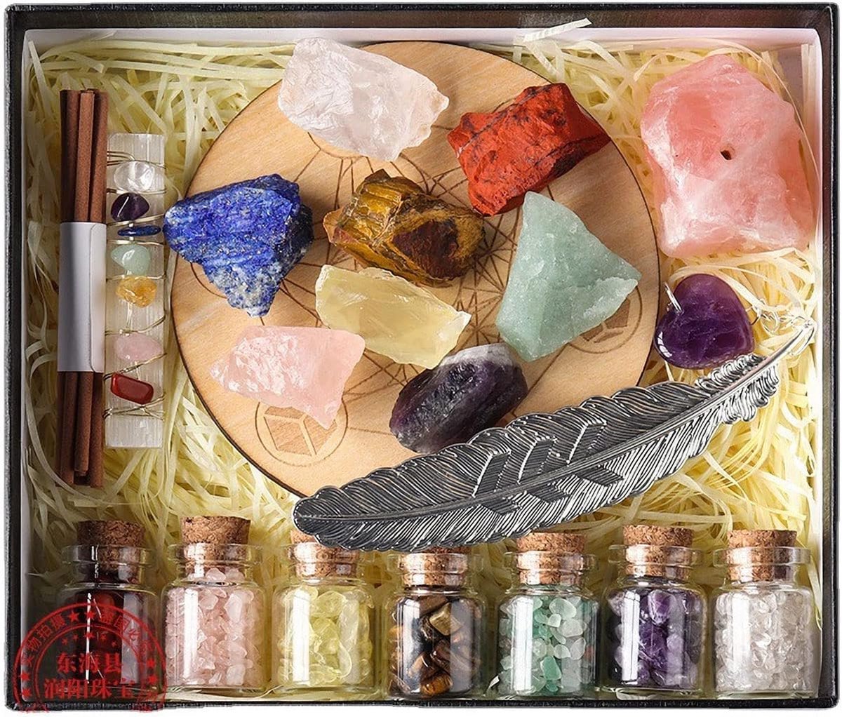 Healing Crystal Set, Crystal Set for Beginners, 9pcs Gemstone Healing Stones Mineral Stones, 7 Healing Crystal Drum - ShopVlot