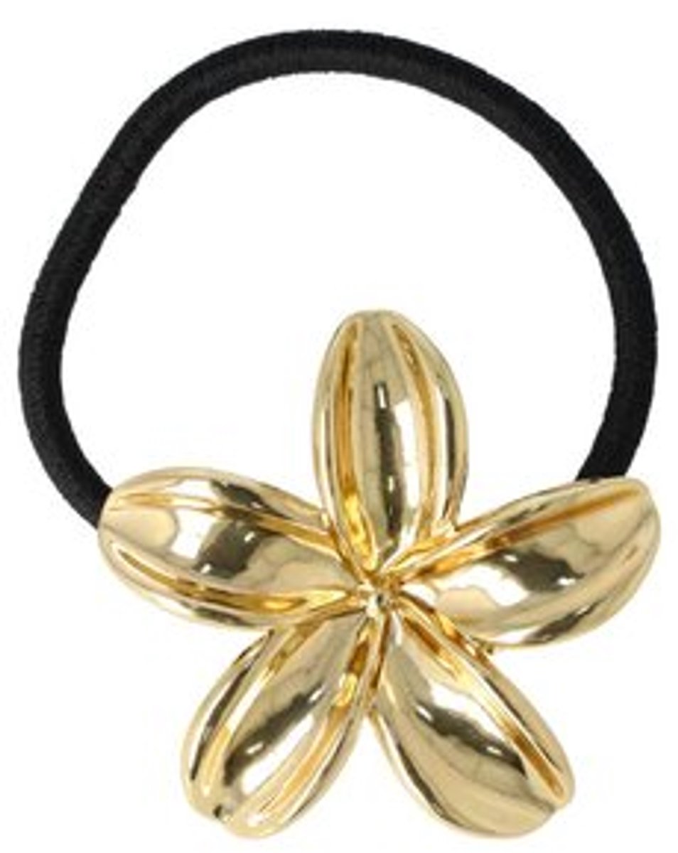 Haarsoires Haarelastiek – Cuff 5cm – Lelie Bloem Ornament – Metaalaccent – Zwart Goud - Stijlvol & Trendy Haaraccessoire