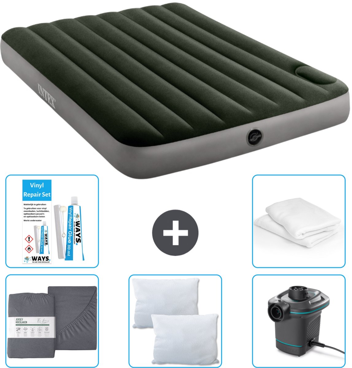 Intex Luchtbed - Twijfelaar - 137 x 191 x 25 cm - Groen - Hoeslaken - Kussen - Pomp - Reparatieset en Kussenbeschermer