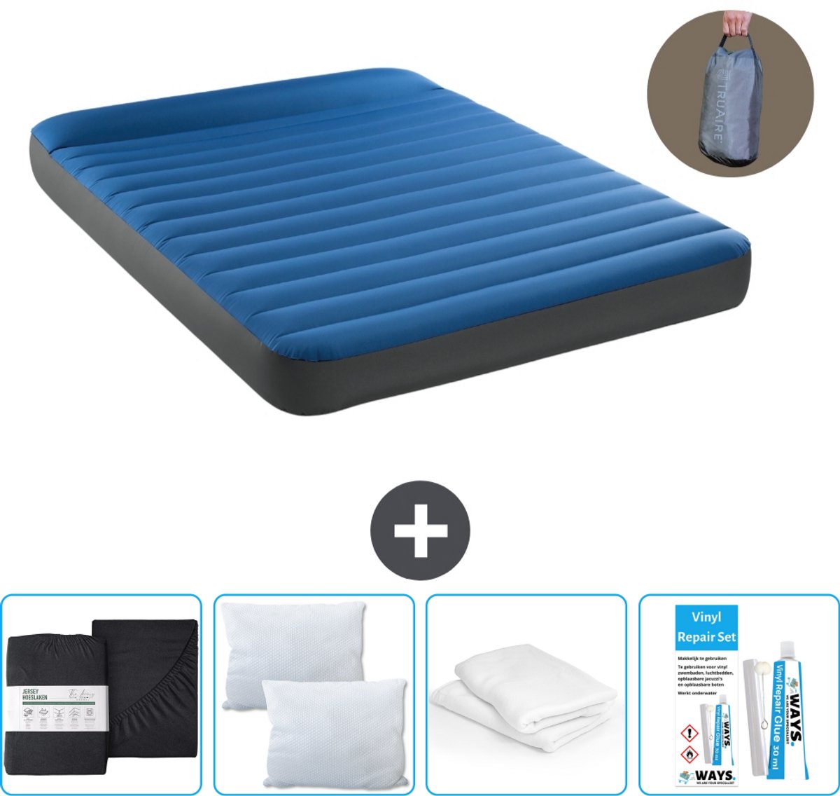 Intex Luchtbed - 2-Persoons - 152 x 203 x 22 cm - Blauw - Inclusief pomp - Hoeslaken - Kussen - Reparatieset en Kussenbeschermer