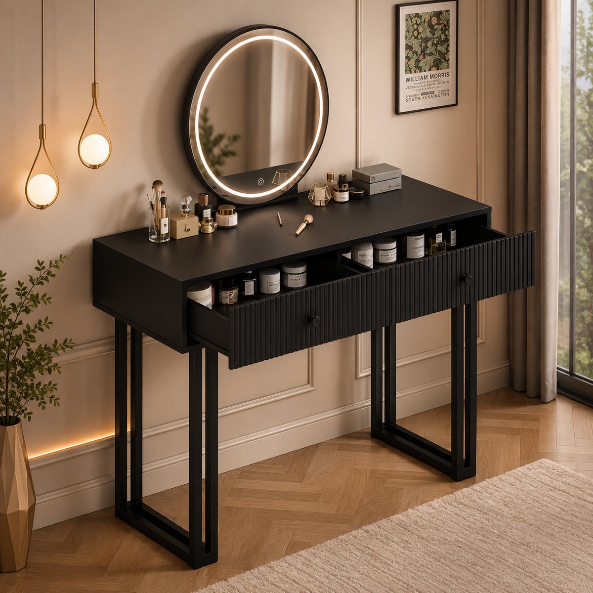 Make-up Dressing Table met Spiegels en 2 Laden, Vrijstaand Bureau voor Slaapkamer, Modern Beauty Station in Zwart