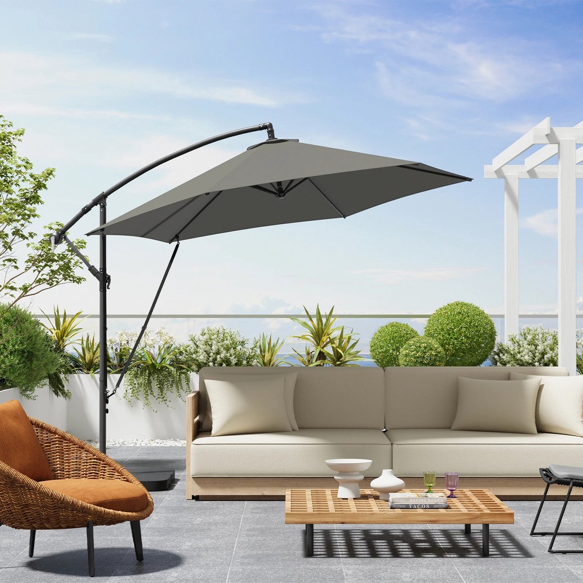 Parasol - Zweefparasol - Tuinparasol - Kantelbaar - 360° draaibaar - Waterafstotend - Versterkte kruisvoet - 300cm - Grijs – foto 4