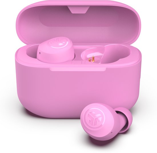 Roze JLab Go POP draadloze oordopjes met oplaadcase, met JLab logo.