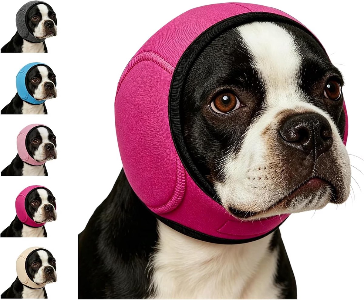 Geluiddempende oorkap - Honden anti-schud oorkappen - Geluidsbescherming tegen vuurwerk, onweer en stofzuiger - Comfortabele rustgevende capuchon voor honden - Verstelbaar (Roze rood, S)