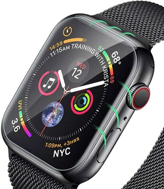 Gedetailleerde weergave van een Apple Watch met het scherm beschermd door een screenprotector, met een donker scherm.