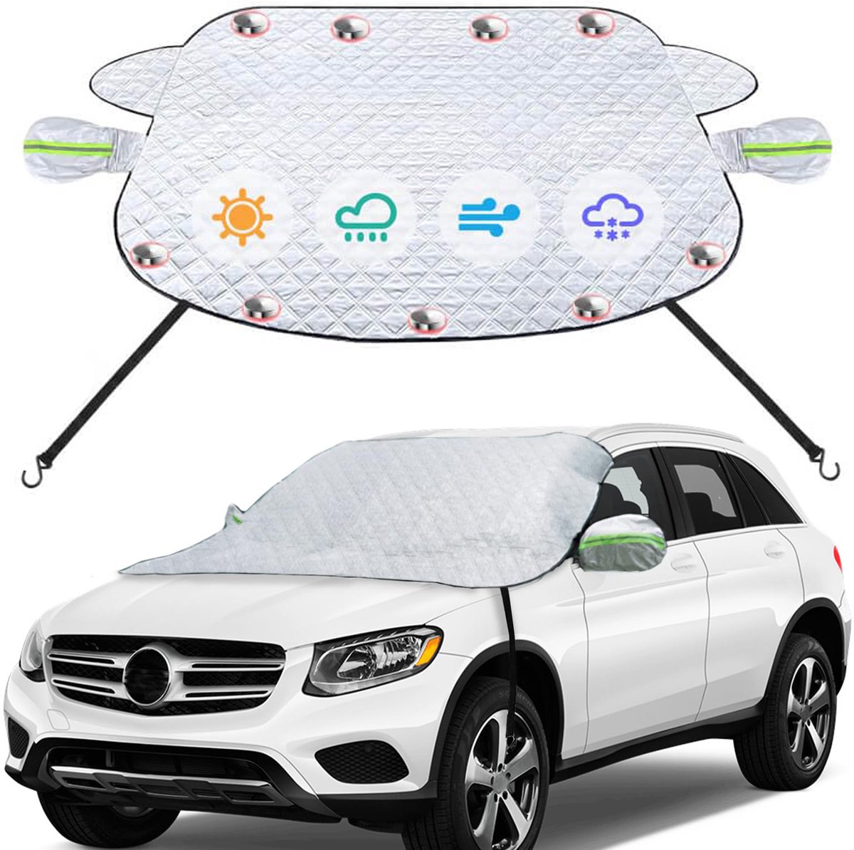 Namajunas - Zonnescherm Auto Voorruit - 110cm x 150cm - Magnetische Met spanriemen - Zonnescherm Auto - Met Spiegelafdekkingen - Voorruithoezen Antivries - Antivries Deken Auto Voorruit - Autodeken - Anti-ijsdeken - Vriesdeken Auto - Voor Sedan, SUV