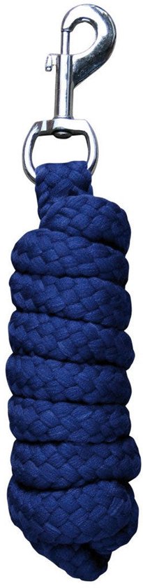 Donkerblauw gevlochten halstertouw met zilverkleurige musketonhaak.
