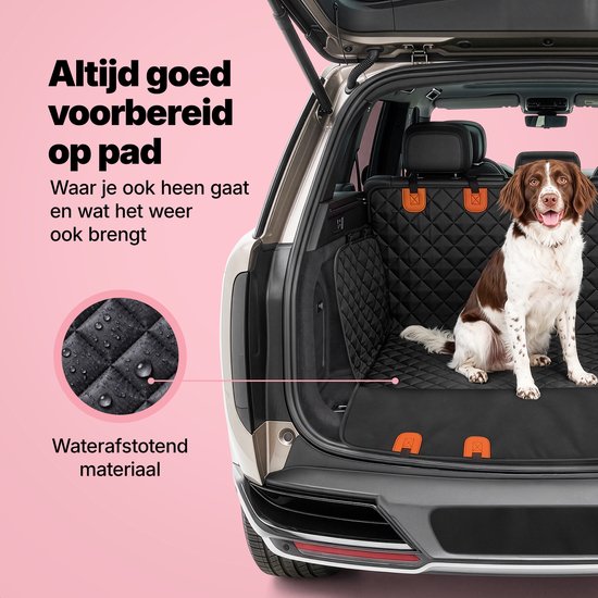 Un chien brun et blanc est assis sur une housse de voiture noire matelassée dans un coffre ouvert. Détail de gouttes d'eau sur la housse.